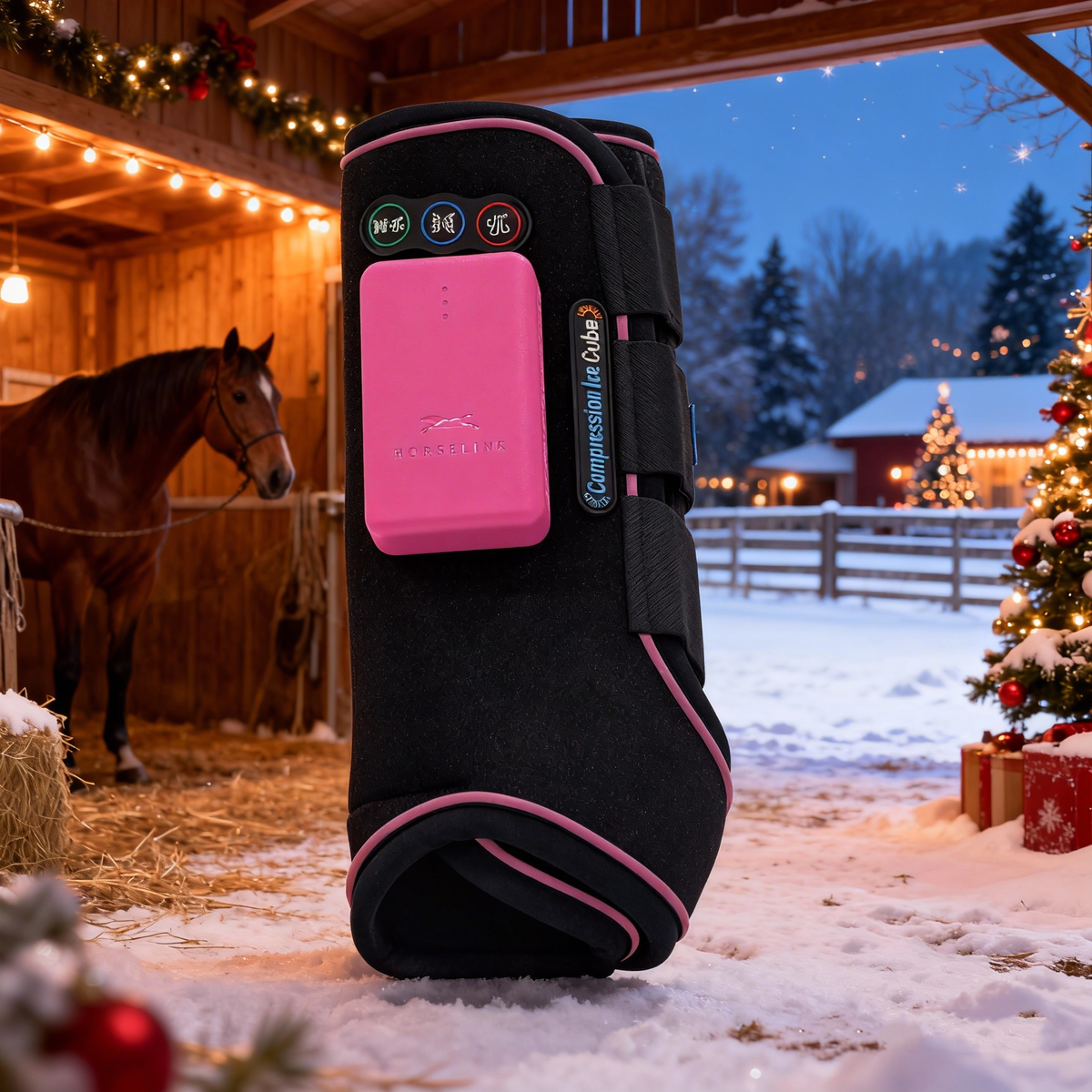HorseLinkTech Horse Ice Boots – 4-in-1 Therapy Boots for Equine Leg Recovery with Compression, Vibration & Magnetic Therapy | Pink Meadow, Front Pair